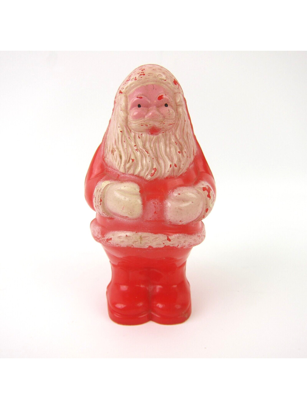 Vintage Hard Plastic Santa Claus Rattle Red White Beard Gloves Christmas 1950s